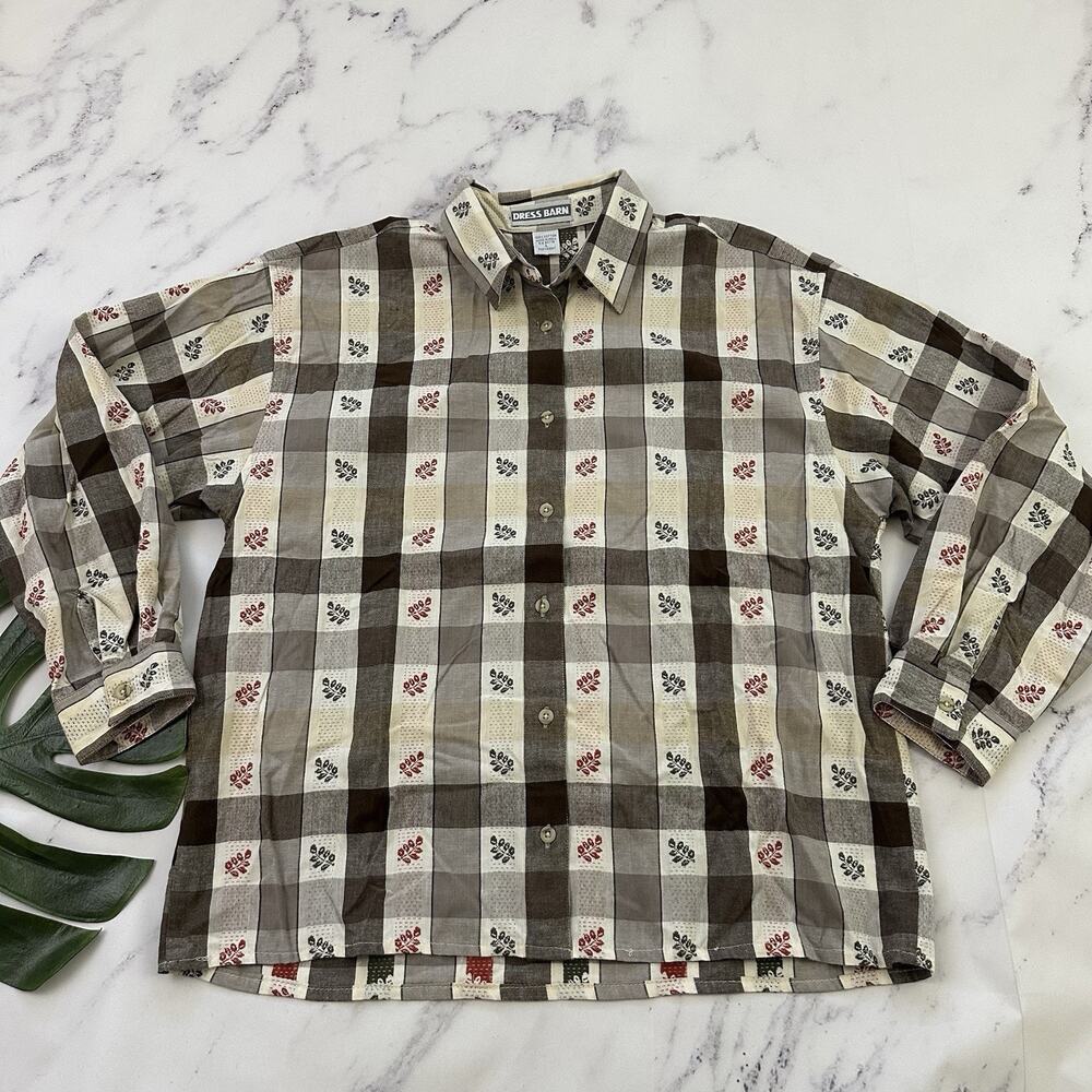 Dressbarn Womens Vintage 90s Plaid Shirt Size L Brown Cream Leaves Fall Cottage
